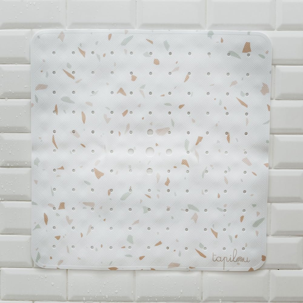 Tapis de Douche Bébé Antidérapant 53x53 cm Motif Terrazzo sans BPA Lavable en Machine Anti-moisissure avec Ventouses