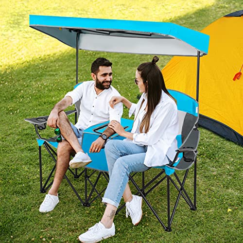 Uiiaiouiaio Portable Loveseat Camping Chair For Travel Fishing Picnic, Double Lawn Chair W/Adjustable Shade Canopy, Cooler Bag, 2 Cup Holders, Carrying Bag, Double Beach Chair(Blue) #TOP1