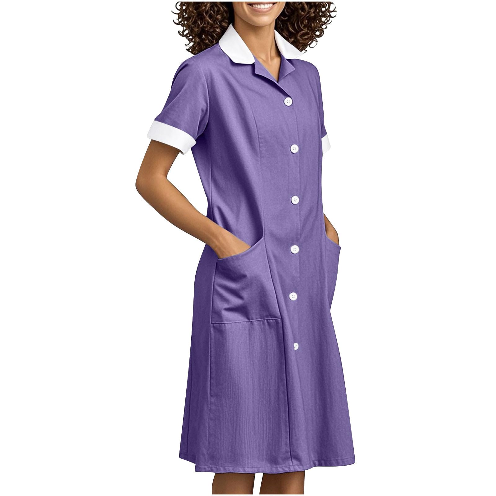 Womens Housekeeping Maid Uniform Dress Button Down Scrub Dresses Workwear Pocket Short Sleeve Loose Dresses 2025