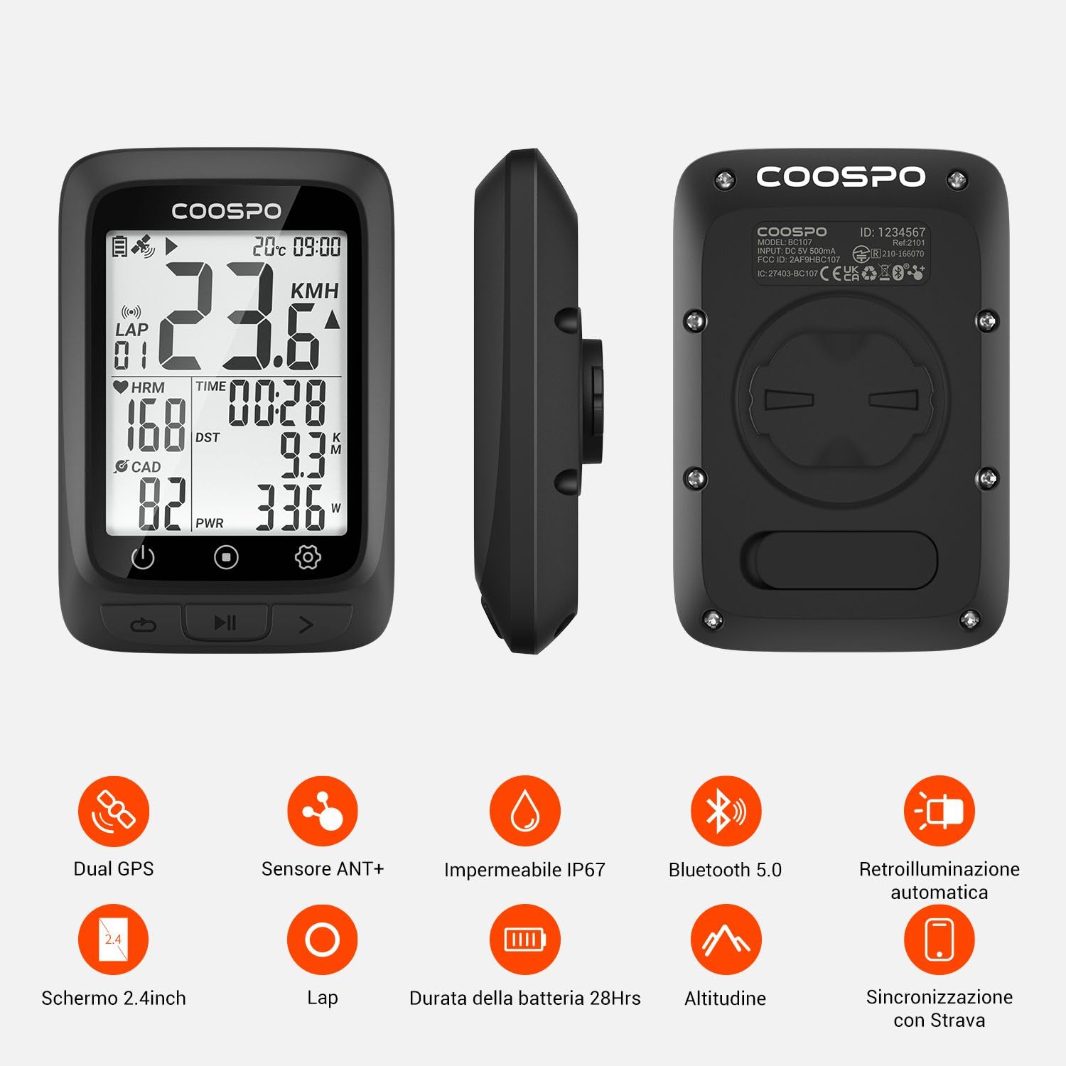 COOSPO BC107 Ciclocomputer GPS Senza Fili Bluetooth ANT+ IP67 Impermeabile Display 2,4 pollici