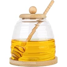 Honey Dispenser Glass Honey Jar with Ladle and Lid 500 ml Honey Jars Transparent Glass Honey Dispenser Honey Storage Jar Honey Pot for Serving Honey and Syrup