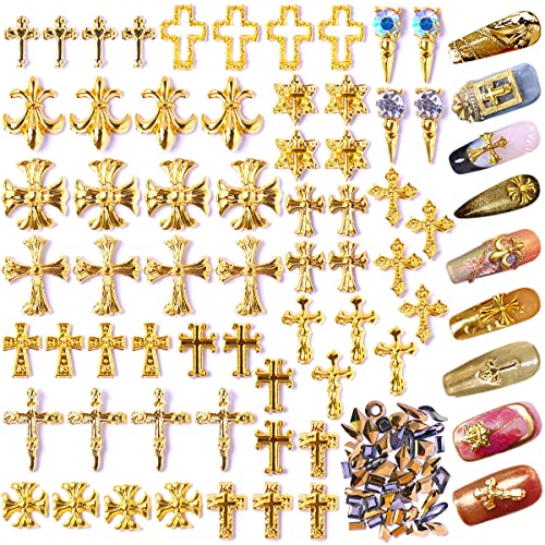 110pcs 3D Metallic Nail Charms Rhinestones for Acrylic Nail Artwork Gold Cross Classic Punk Alloy Nail Equipment Cool Ornament Craft Jewels DIY Multi Form