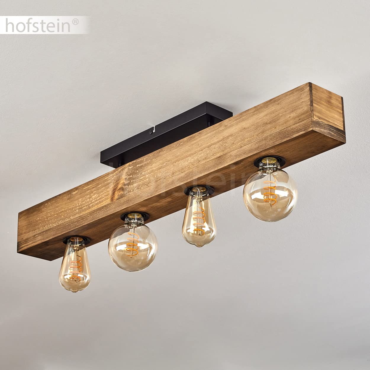 HOFSTEIN Deckenleuchte Berat, Deckenlampe aus Metall/Holz in Schwarz/Naturfarben, moderne Leuchte im Retro/Vintage-Design mit Holzbalken, 4 x E27, Esszimmer, Schlafzimmer, Wohnzimmer, Küche