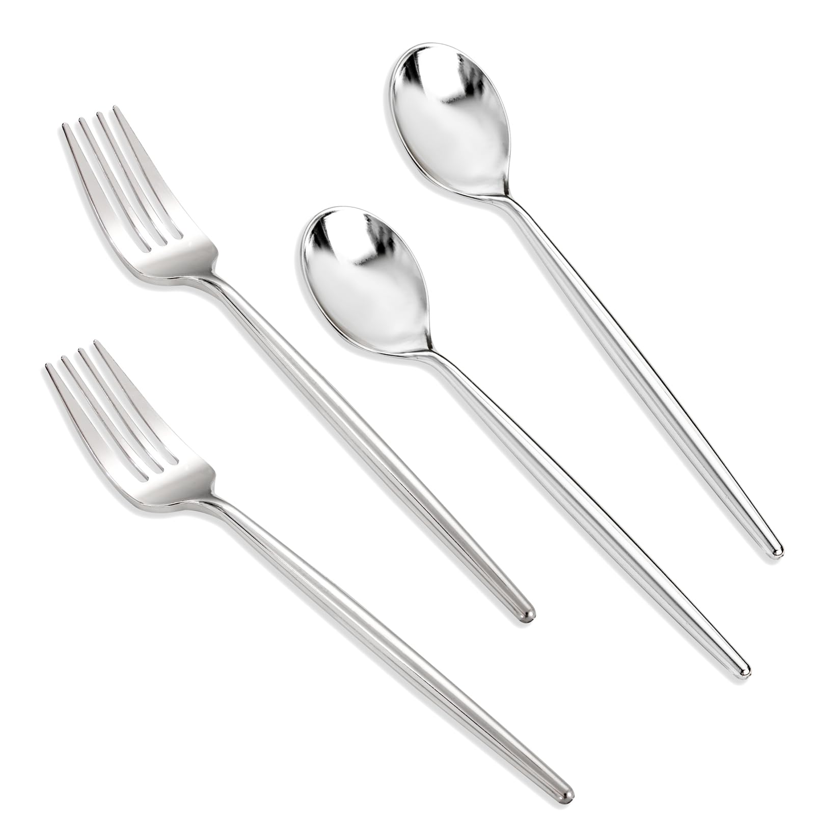 SUT 100Pcs Silver Plastic Silverware - Plastic Spoons and Forks, Disposable Silverware, Plastic Cutlery Set,50 Gold Plastic Forks, 50 Gold Plastic Spoons for Catering, Parties, Dinners, Weddings