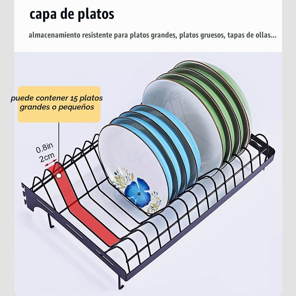 Estanteria Cocina, Escurridor de Platos Colgante para Montaje en Pared, Organizador de Platos, Cuencos y Especias de 2 Niveles, Soporte de Estante de Almacenamiento con Bandeja de Drenaje, 3 Ganchos,