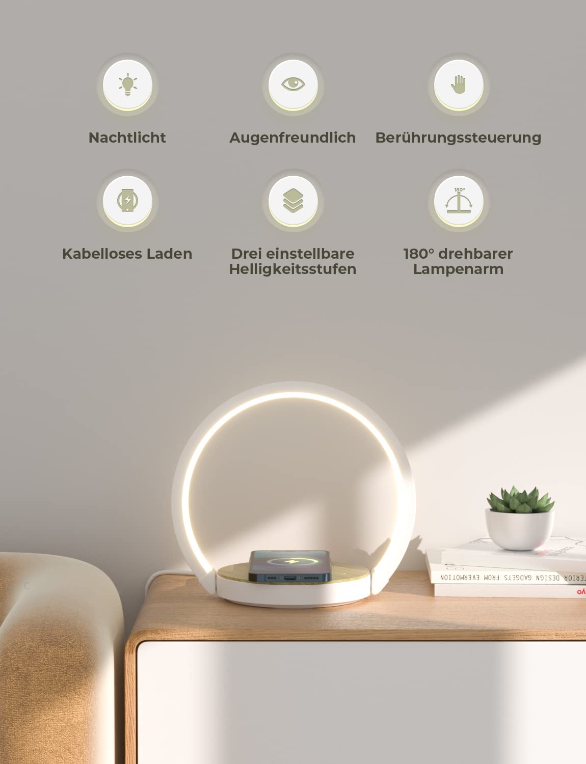 Nachttischlampe mit ladefunktion, Touch Dimmbar Nachtlicht Wireless Charger 15W, LED Tischlampe mit 3 Stufige Helligkeit für Schlafzimmer Wohnzimmer Büro