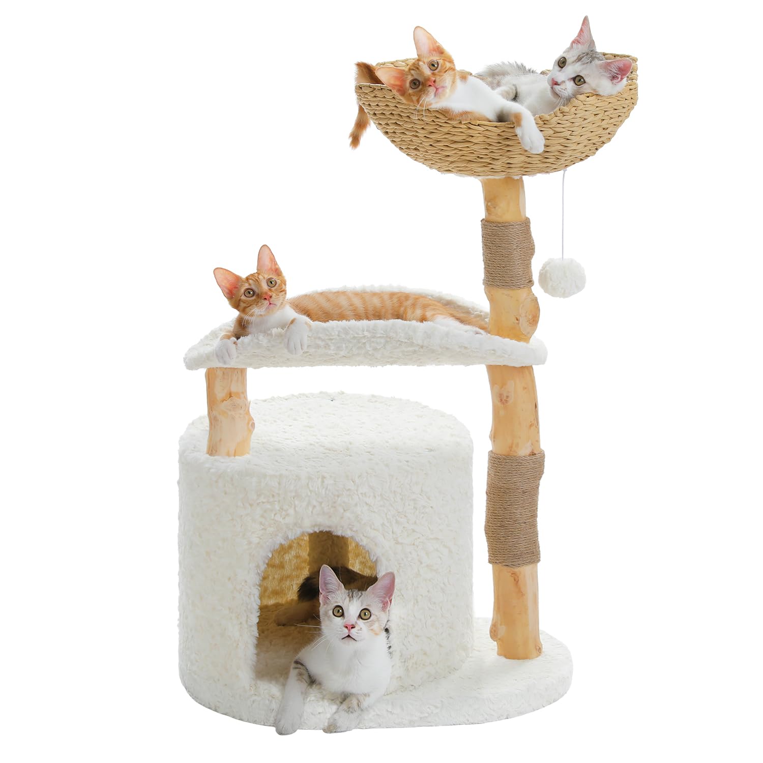 PAWZ Road Modern Cat Tree with Natural Solid Wood Scratching Post, 38 Inches Cat Tower with Spacious Wicker Basket, Cozy Condo and Curved Platform, Aesthetic Cat Tree House for Indoor Cats, White