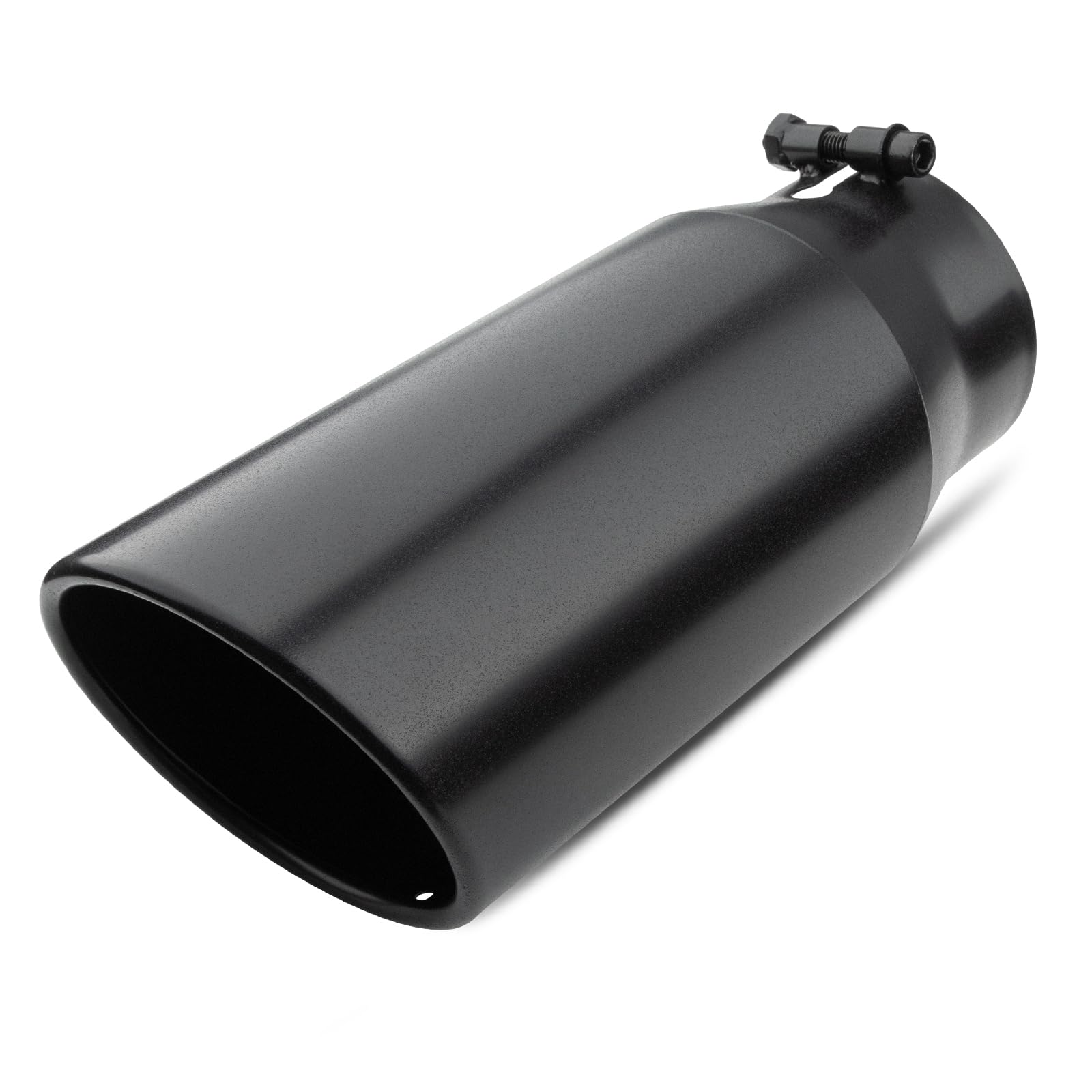 4 inch Inlet Exhaust Tip, 5" Outlet 12" Overall Length Stainless Steel Exhaust Tail Pipe, Bolt-On, Rolled Edge, Slant Sleek Angle Cut, Polished Tailpipe, Black