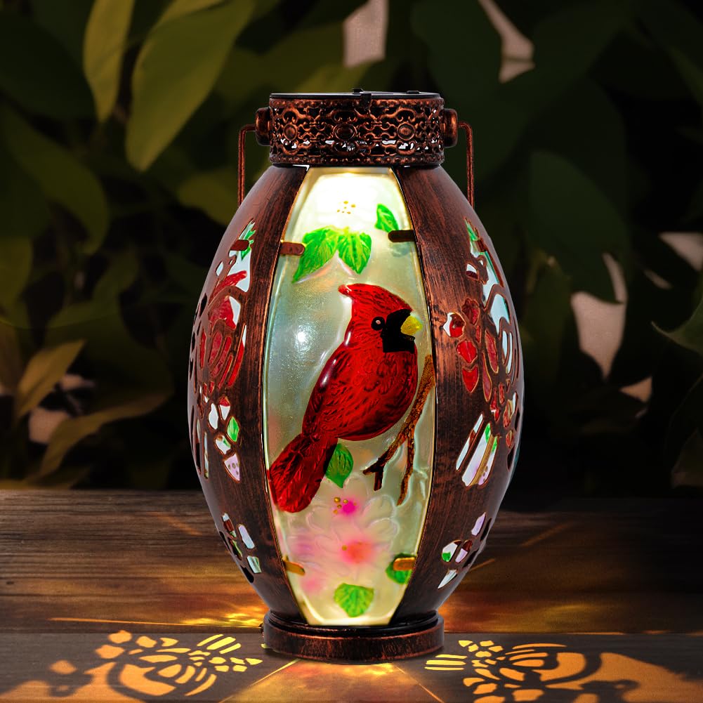 Starsoul Cardinal Outdoor Solar Lantern Metal & Stained Glass Cardinal Solar Light Waterproof Tabletop Lamp with Hollowed-Out Design for Yard, Patio, Garden, Pathway
