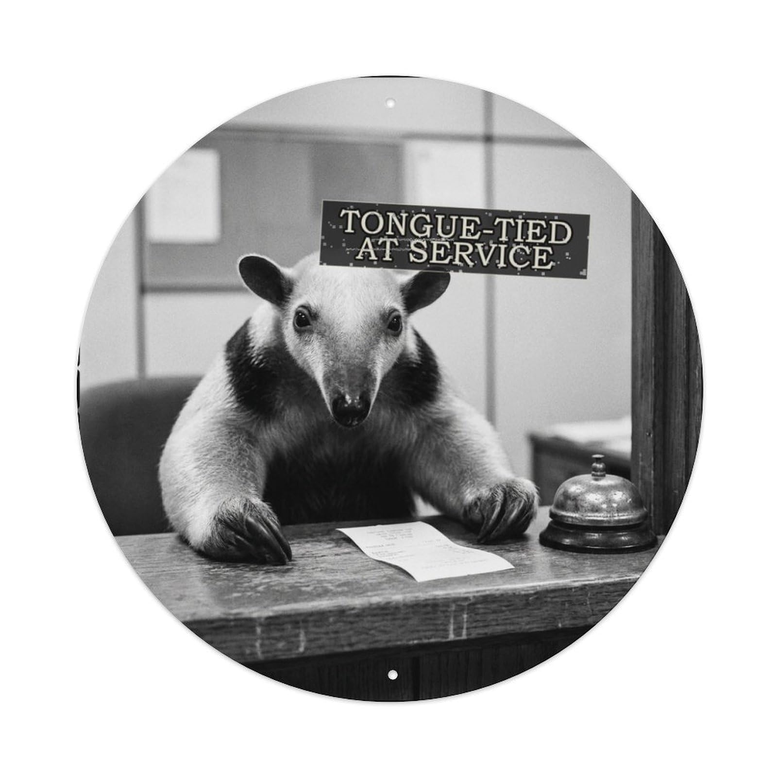Surreal Animal Tamandua Anthropomorphic Black Fable Vintage Metal Tin Sign Plaque Wall Decor for Cafe, Man Cave, Club Bar, Office, Home Garden Round Metal Poster 8x8Inch