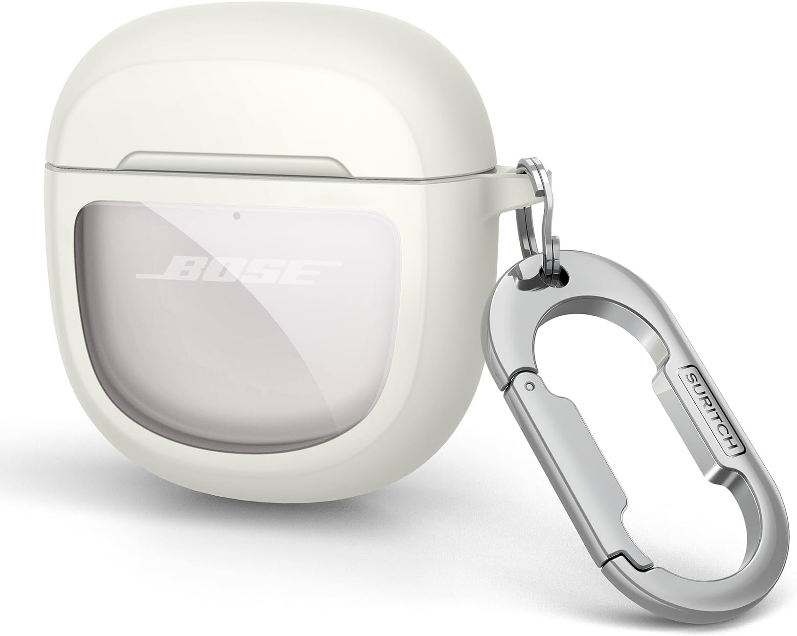 SURITCH Clear Case for Bose QuietComfort Earbuds II 2022/QuietComfort Ultra 2023 Cover, Full-body Shockproof TPU Protective Case with Carabiner & Key Ring & Transparent Logo Window(White)