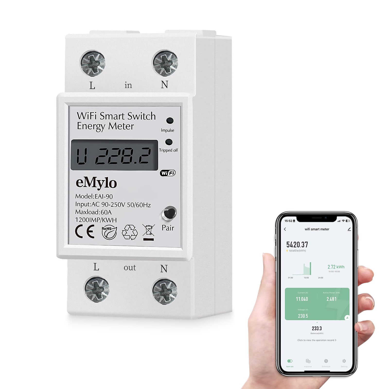 eMylo Smart Meter Energy Monitor, 1-Phase Electricity Usage Monitor, 60A 90-250V WiFi Power Monitors, 1% High Accuracy for Home Appliances/Solar/Net Metering, Smart Life APP Remote Monitoring