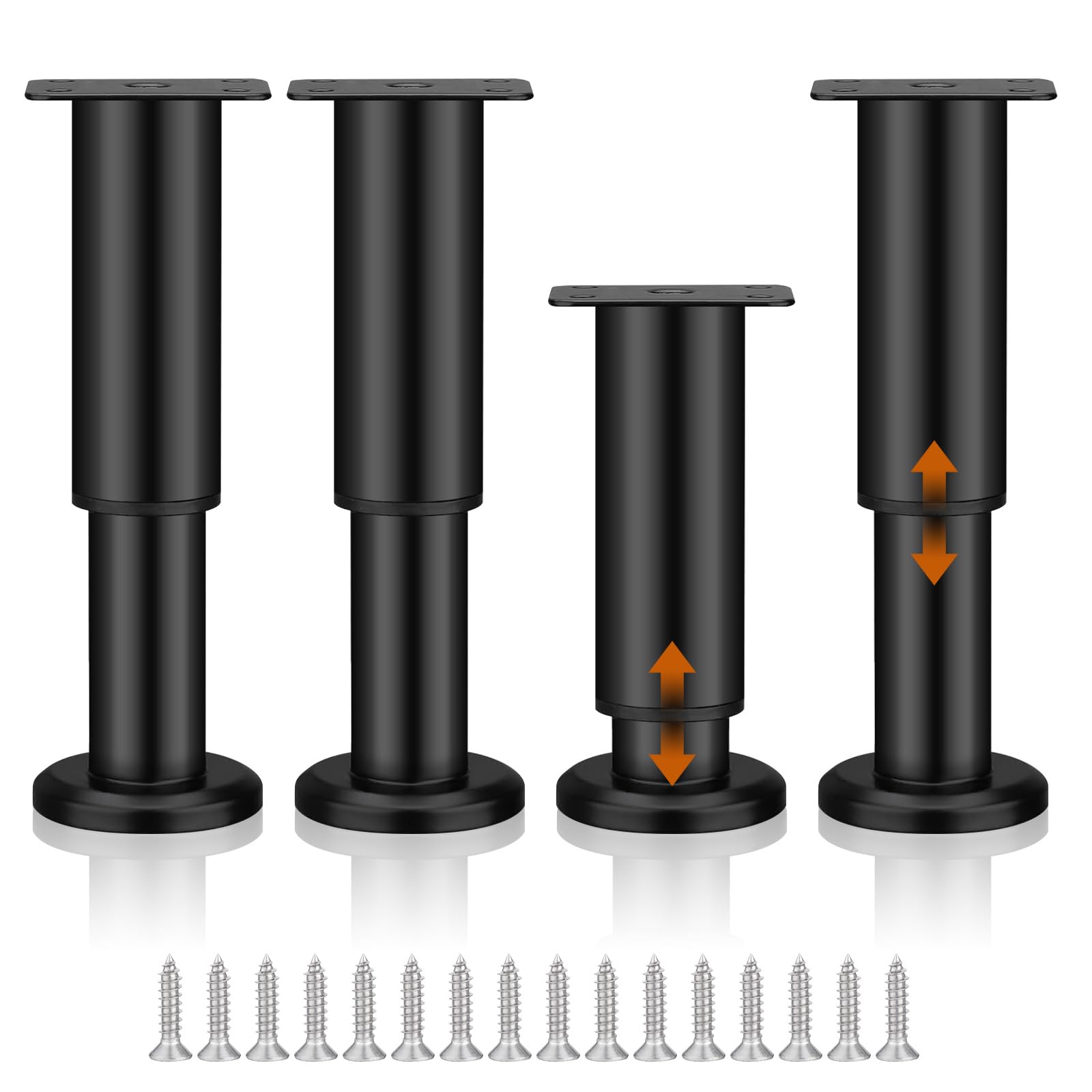 4 Pack Furniture Legs, 12-18 cm Adjustable Height Feet for Furniture, Metal Cabinet Legs with Screws, Sofa Replacement Support Feet, Coffee Bar Legs for Table Desk Chair Cabinet Kitchen Cupboard,Black