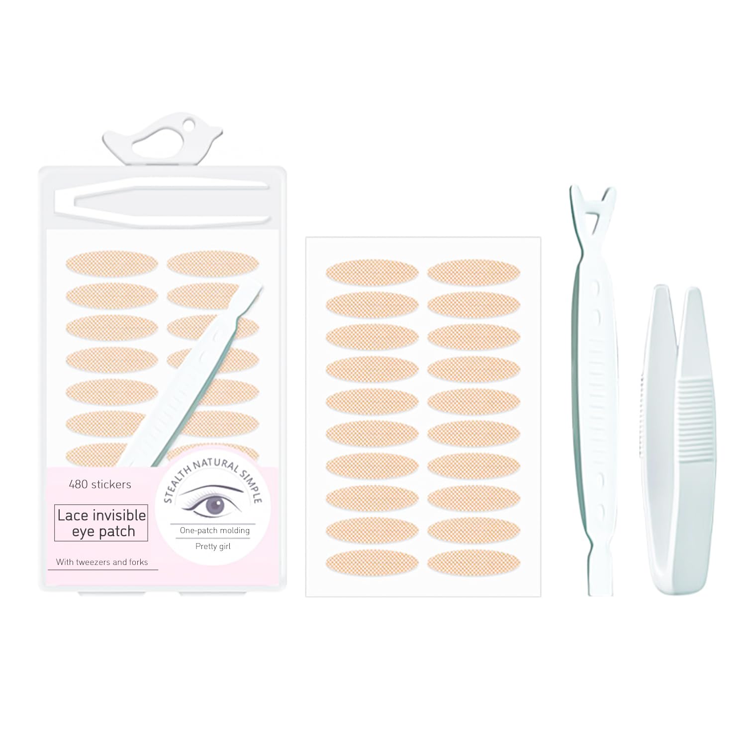 TORMEN 240 Pairs Double Eyelid Lift Strips, Invisible Double Eyelid Tape Stickers, Waterproof Natural Lace Mesh with Forked Rods and tweezers for Covered, Droopy, Thick Eyelid, Most Eye Shapes (Oval)