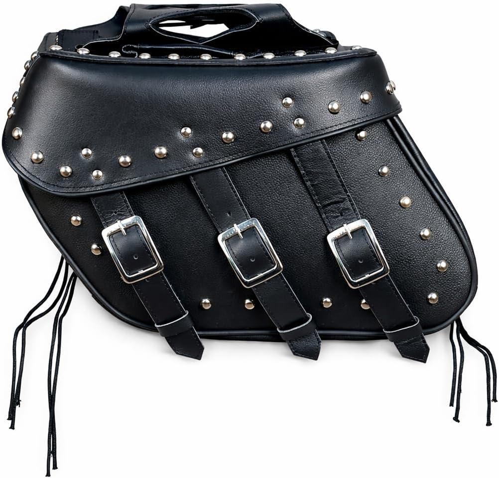 Genuine Leather Motorcycle Saddlebags Set Black Detachable & Quick Release Straps Chrome Studded Design
