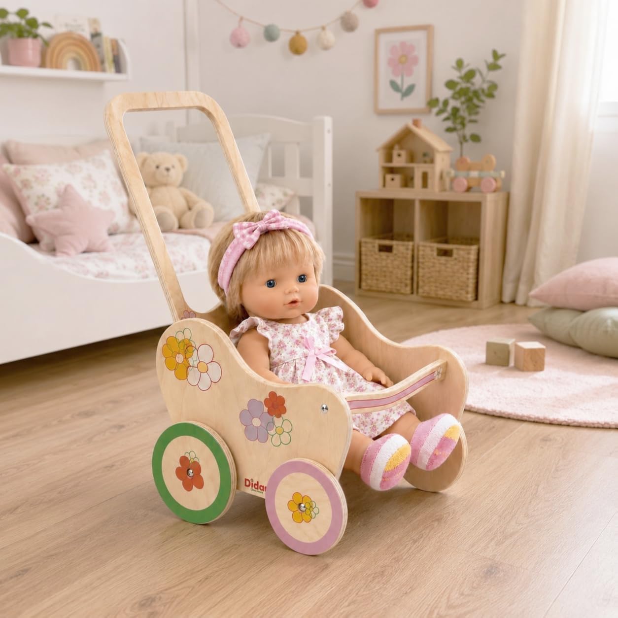 Dida Landau pour Poupées en Bois Motif Fleurs - Poussette pour Poupées jusqu'à 35 cm, Jouet de Rôle pour Enfants de 2 à 4 Ans, Parfait pour Les Petits Parents