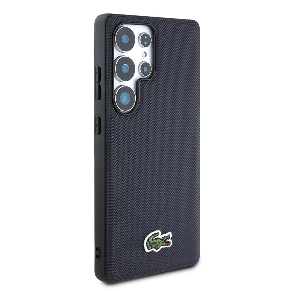 CG MOBILE Lacoste Iconic Petit Piqué Logo tissé Compatible avec MagSafe Coque pour Samsung Galaxy S25 Ultra (Bleu marine)