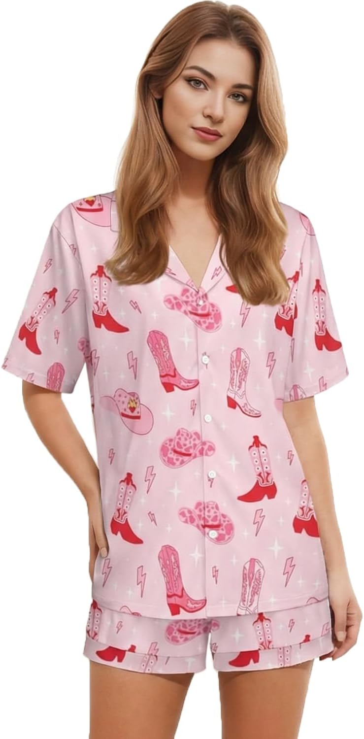 Women Pajamas Shorts Sets Wild West Rodeo Cowboys PJs 2 Piece Button Down Shirt Lounge Pants Set