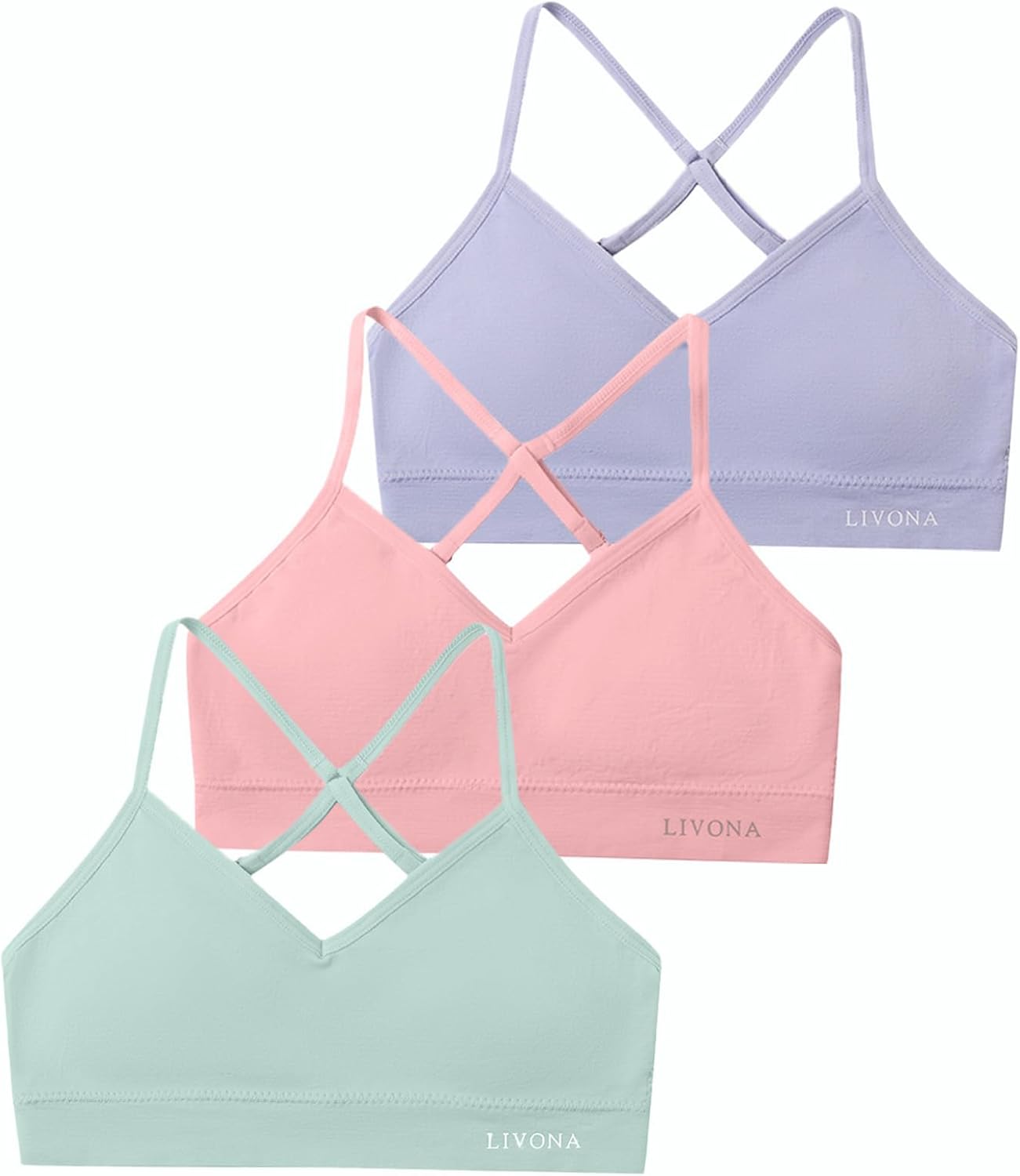 Livona Racerback Training Bra for Girls- 3 Pack Seamless Sports Bra, Padded Everyday Bra Bralette,Crop Cami Tank Top (6-14)