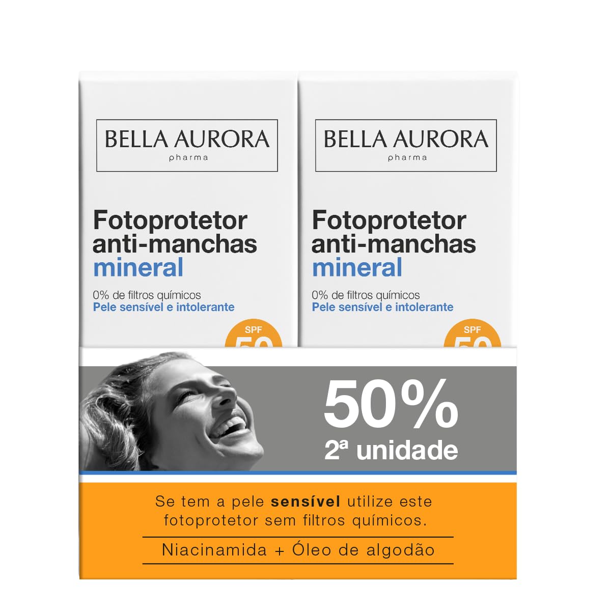 BELLA AURORA - Fotoprotector Antimanchas Mineral SPF 50 Pack de 2 x 50 ml, Protección Facial, Protector Solar Antimanchas, Pieles Sensibles, Repara e Hidrata Piel, con Aceite de Algodón y Mitacarpa