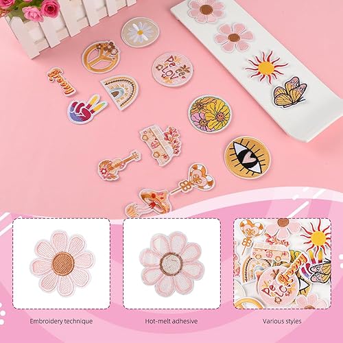 Miniatura 3 de Redvigh Parches retro hippie para planchar, 16 unidades, flores groovy cosidas, apliques bordados, reparación decorativa floral única, artesanía