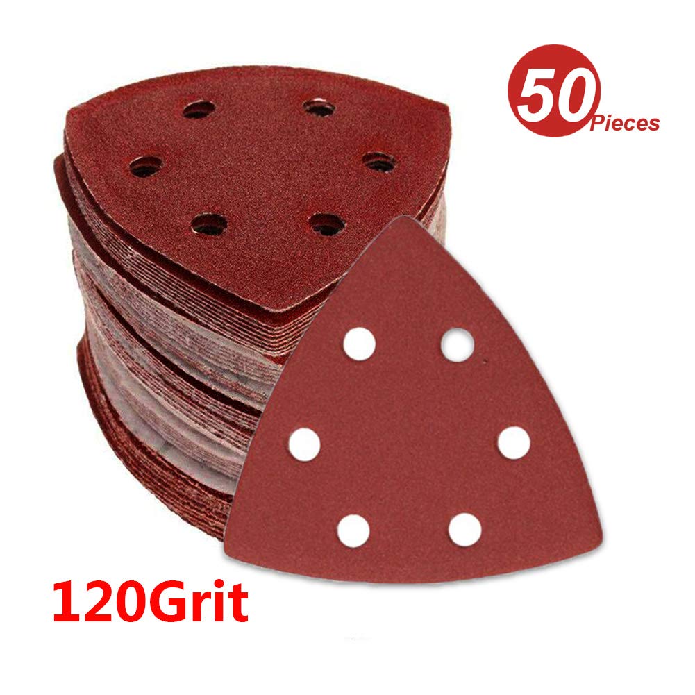 WINGONEER50PCS 3.5" Inch 6 Holes Triangle Sanding Pads Detail Sander Sandpaper Sanding Paper Dustless Hook Suitable For Palm Sander - 120 Grit