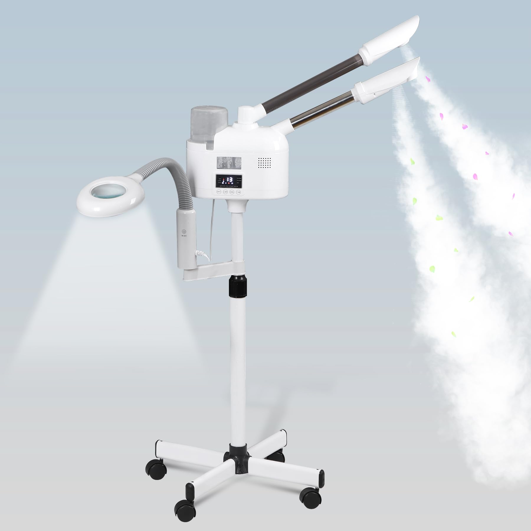 Professional 3 in 1 Facial Steamer Deep Cleaning Ozone Facial Steamer with 5X Magnifying Light & Rolling Wheels Hot/Cold Mist Function for Salon Spa Home Beauty Equipment, White