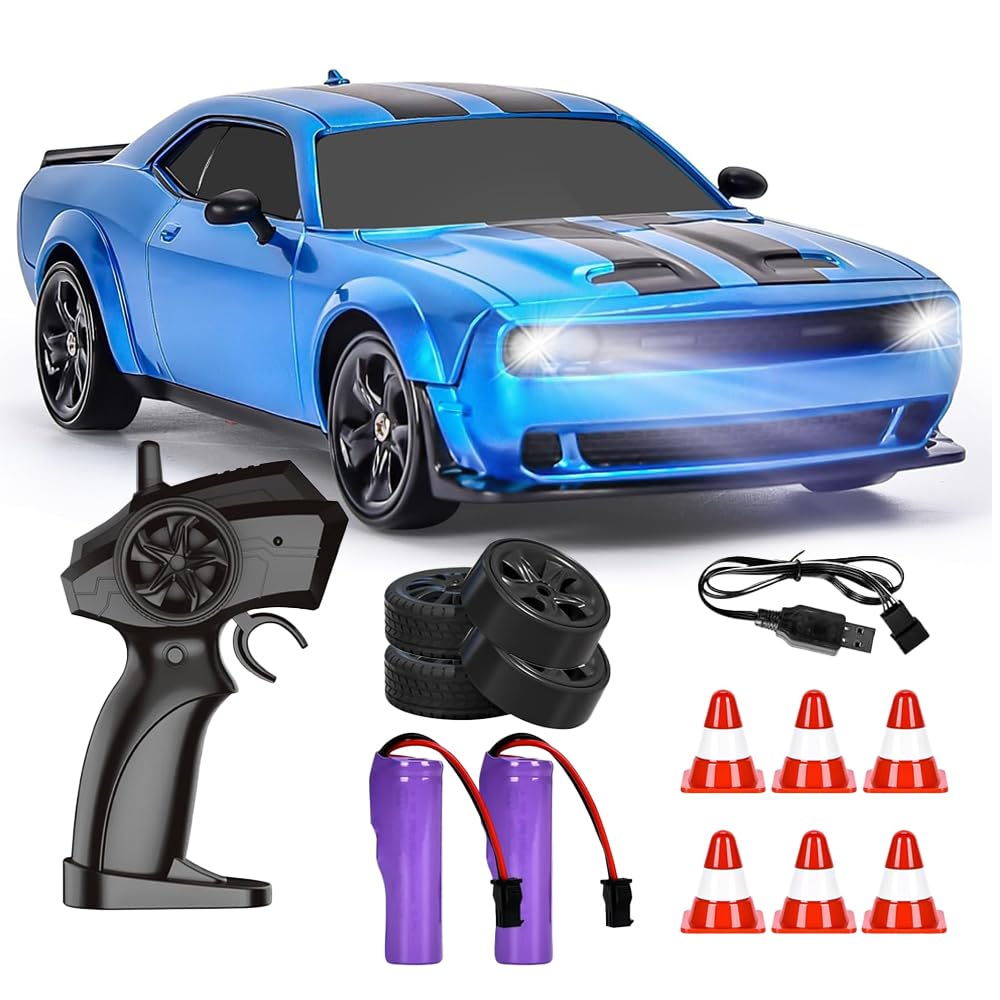 Dhqkqg RC Drift Car, 1:24 Remote Control 4WD RC Cars, 2.4G Remote Control DriftCar, Mini Model Car-Toy High Speed Racing R-C Drifting C-ar, with LED Lights, Gift for Aldult (Blue)