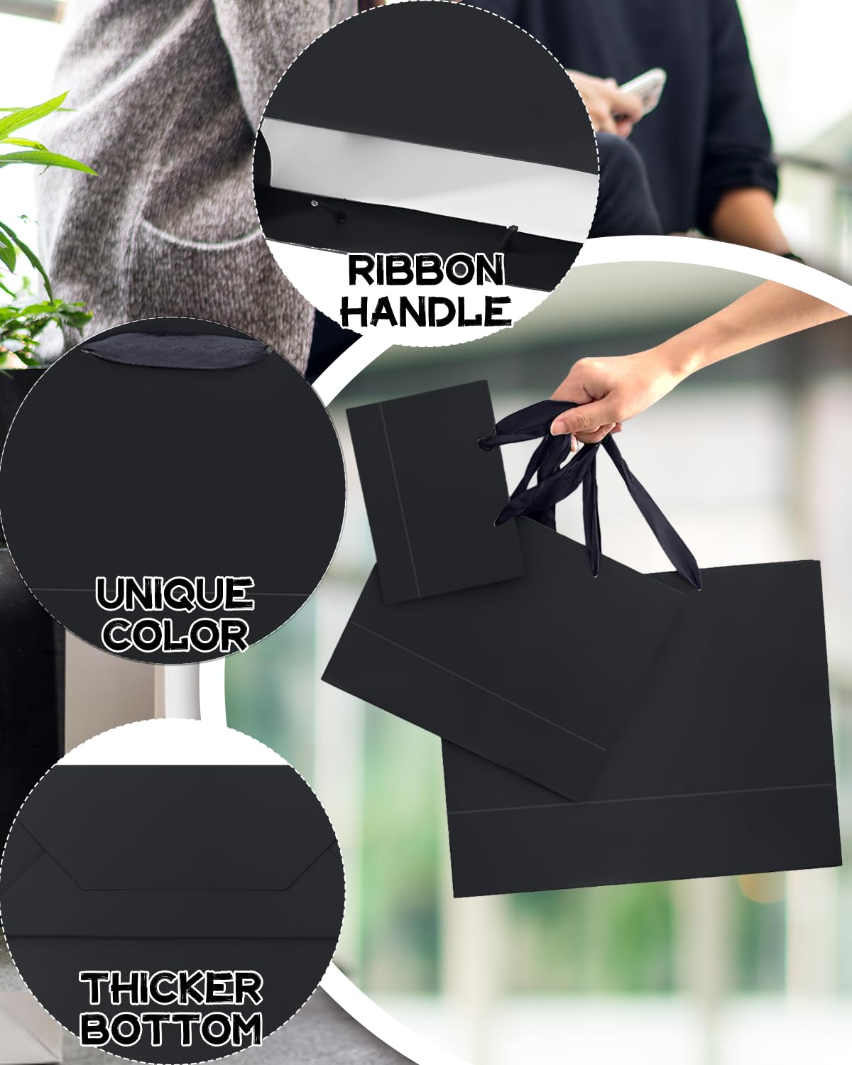 qiqee 10PCS Black Gift Bags with Ribbon Handles Mulit Assorted Sizes Gift Wide Bags (2pcs Large 13", 4pcs Medium 9.6", 4pcs Small 6.3",Tissue Paper)