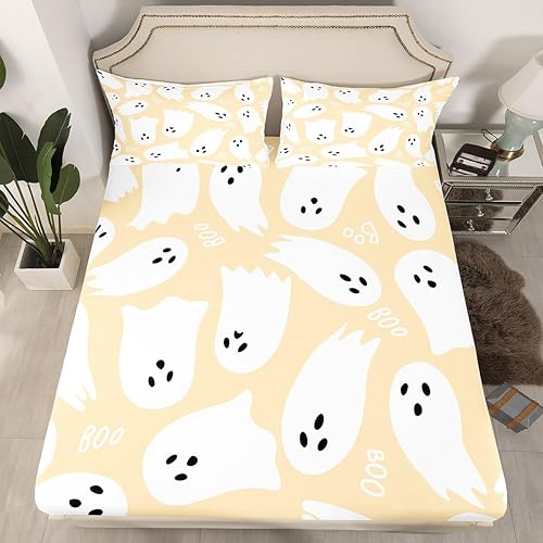 Miniatura 5 de Juego de sábanas bajeras amarillas con diseño de dibujos animados para adultos, ultra suave, juego de ropa de cama de fantasma con 2 fundas de