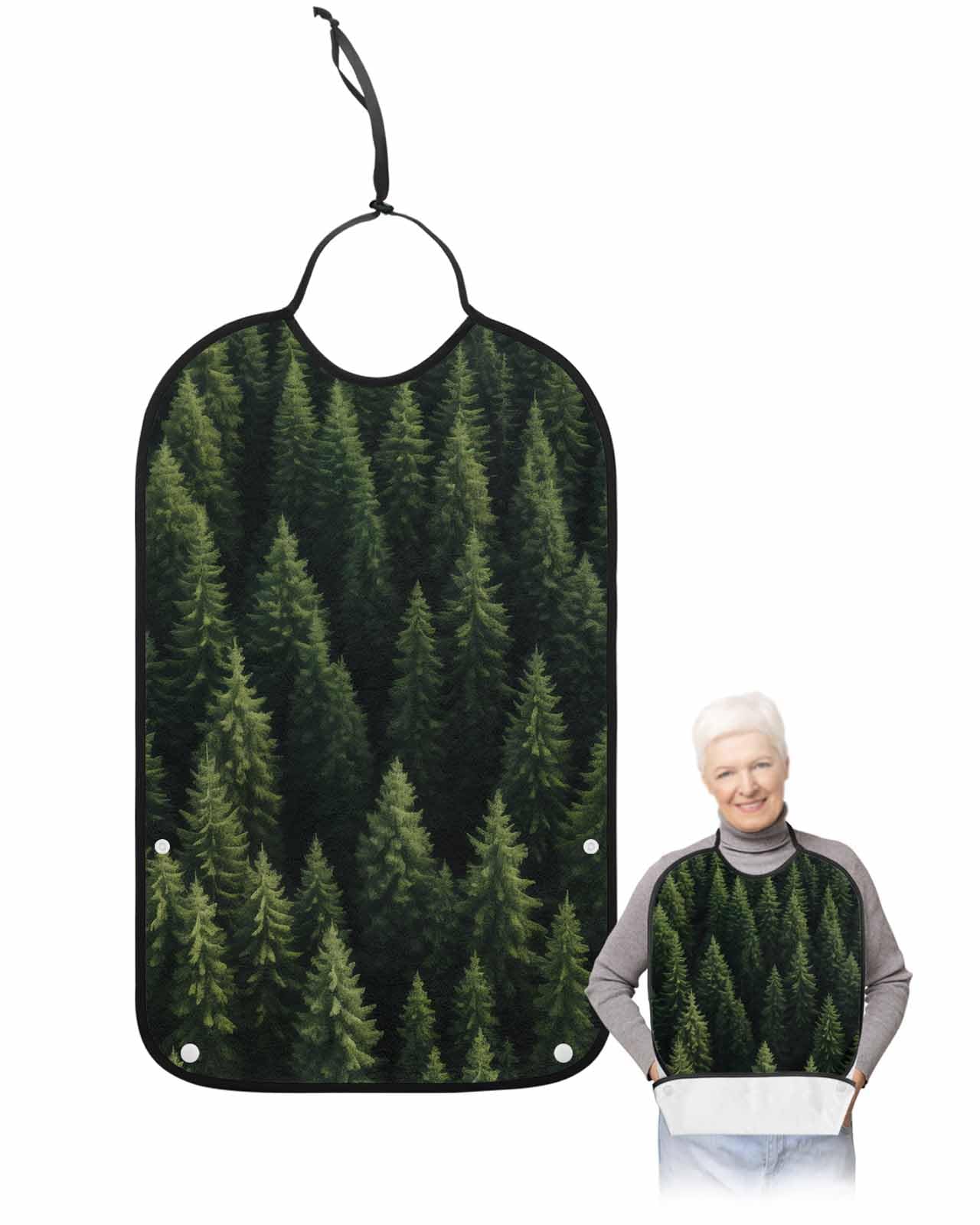 LEOKOTI Dark Green Forest Adult Bibs for Eating, Waterproof Bibs with Food Catcher & Adjustable Snap Closure, Pine Trees Modern Mysterious Art Washable Clothing Protectors Adult Bibs for Elderly