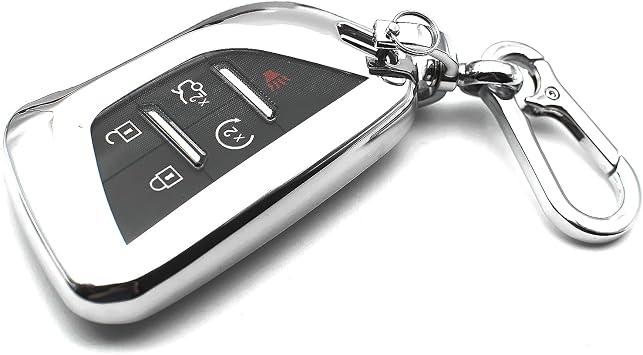 Fit for Cadillac CT4 CT5 XT4 Lyriq Escalade ESV TPU Key Fob Remote Cover Case Shell Glove Pouch Holder Protector Keyless Entry Sleeve Accessory, with Metal Key Chain, Silver