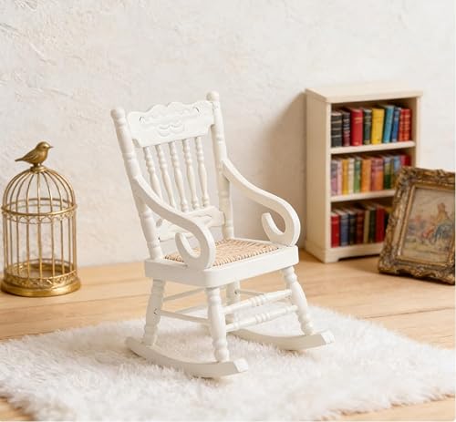 Miniatura 2 de Silla de madera para casa de muñecas, modelo de silla mecedora de madera en miniatura 1:12 (blanco)