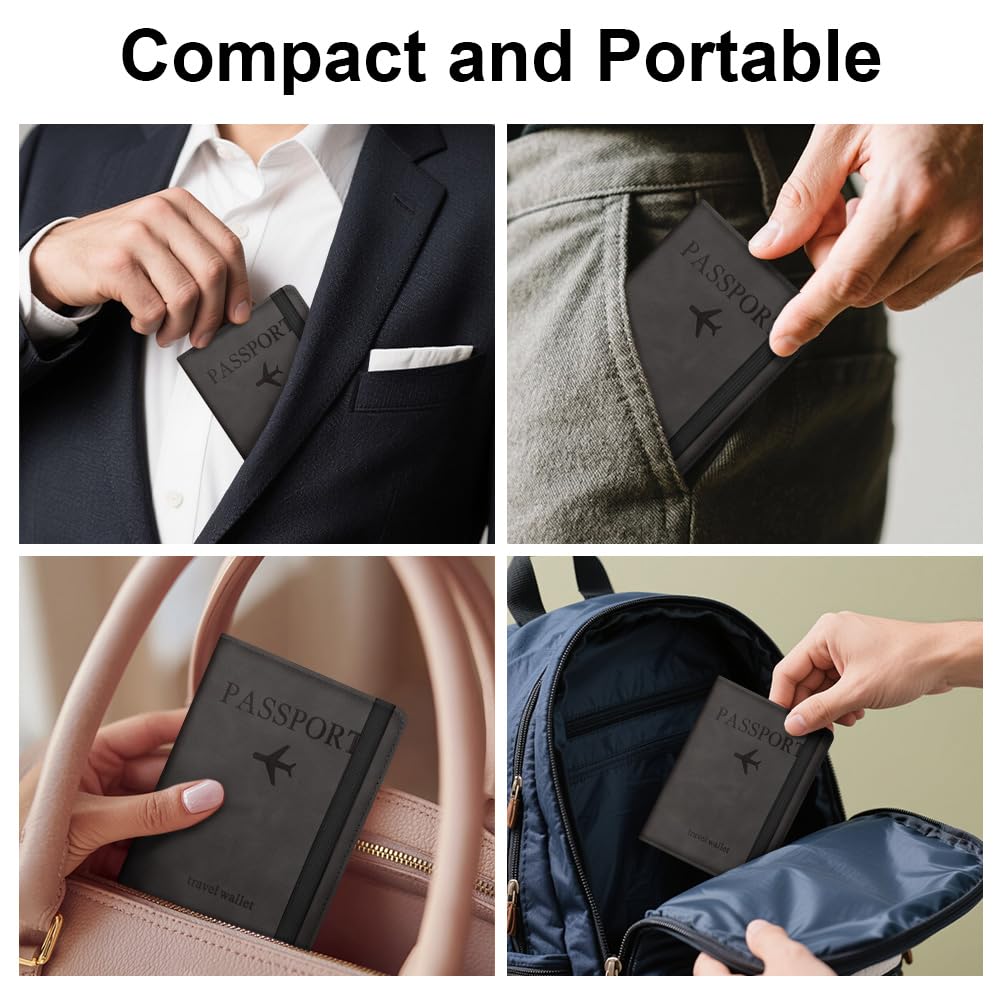Custodia per Passaporto, Custodie Porta Passaporto con Blocco RFID, Custodia Passaportos in Pelle PU per Carte d'Identità Carte di Credito, Biglietti Aerei, Passaportos Pass (Nero)