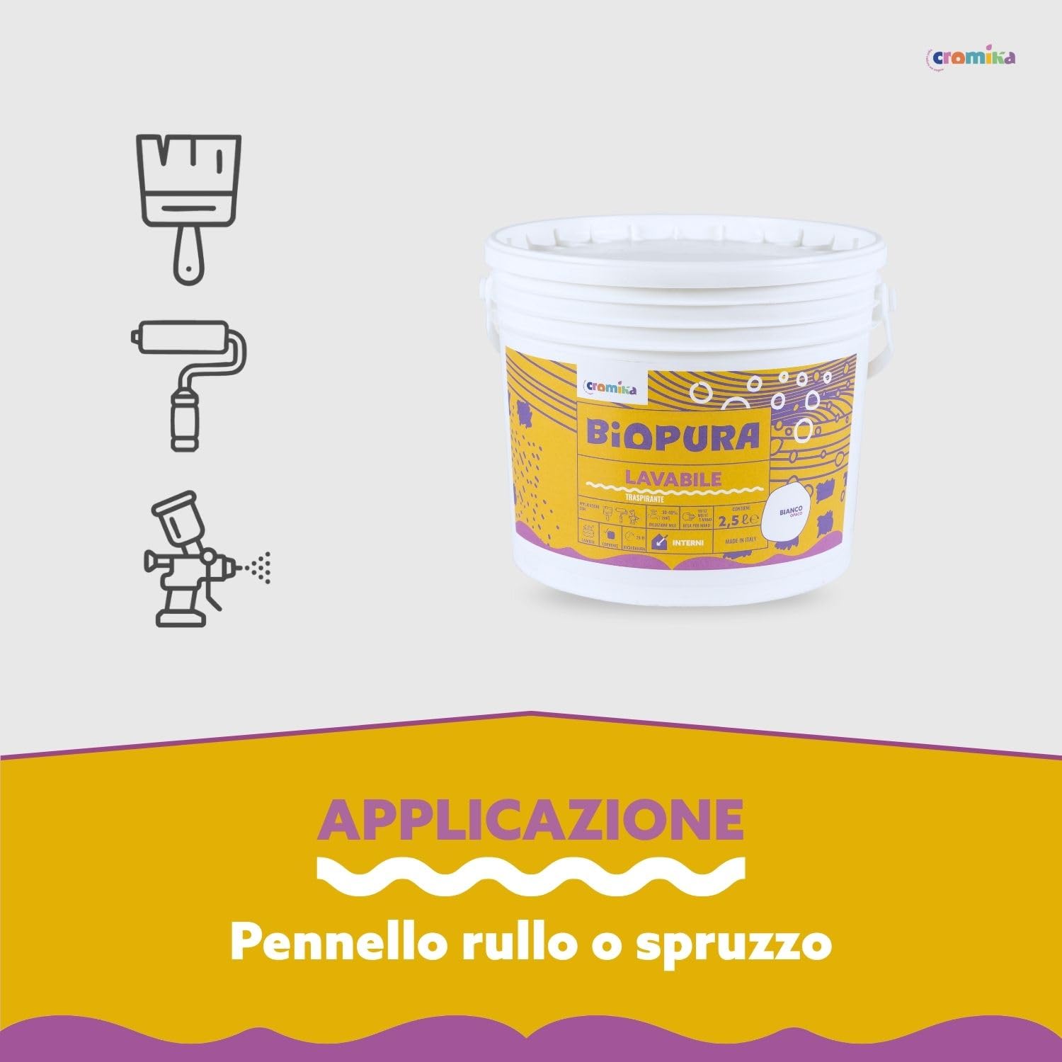 CROMIKA BIOPURA Pittura Lavabile Traspirante per Interni, Alta Copertura Rullo Pennello Spruzzo Finitura Opaca Made in Italy (Bianco, Litri 10)
