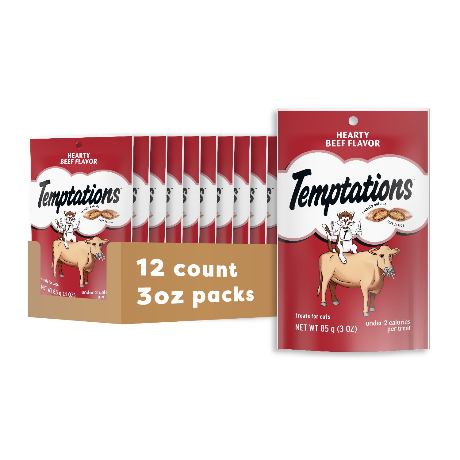 Temptations Classic Crunchy and Soft Cat Treats Hearty Beef Flavor, 3 oz. Pouch (Pack of 12)