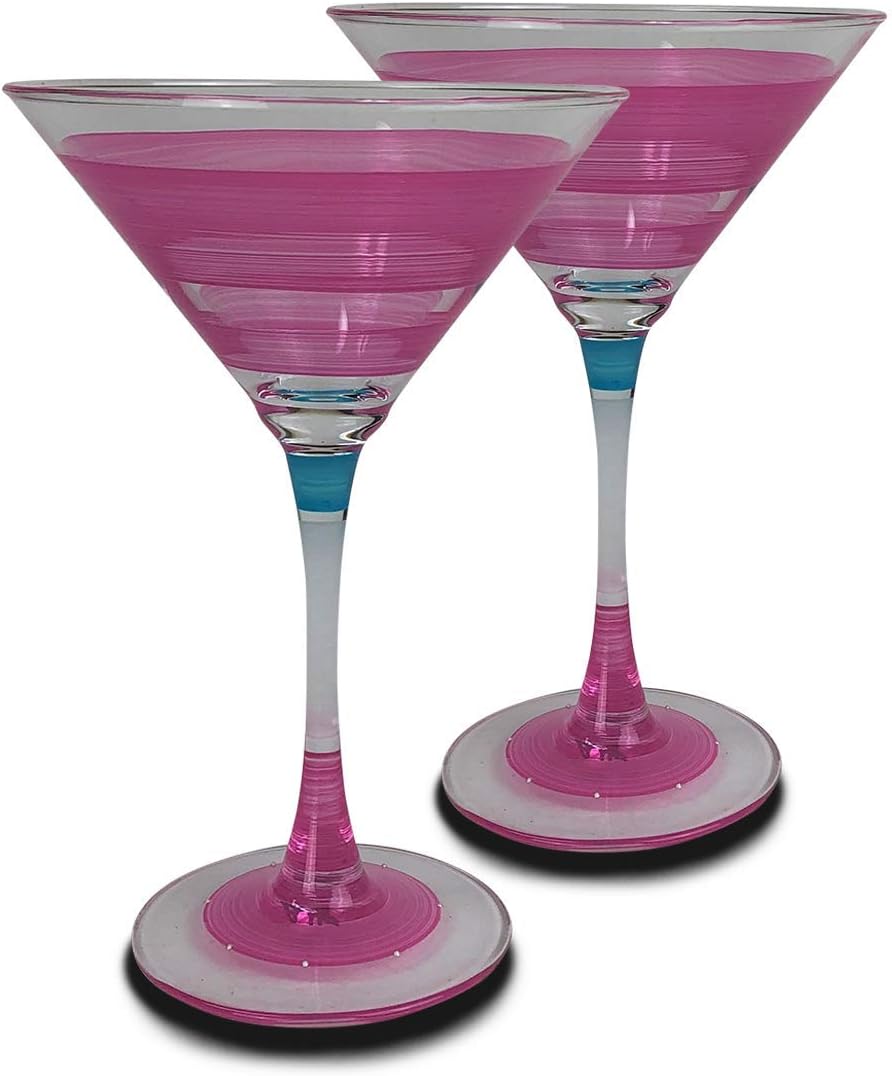 Hand Painted Martini Glasses Set of 2 - Cape Cod Cottage Purple Collection - Hand Painted Glassware by USA Artists - Unique and Decorative Martini Glasses, Kitchen Table Décor