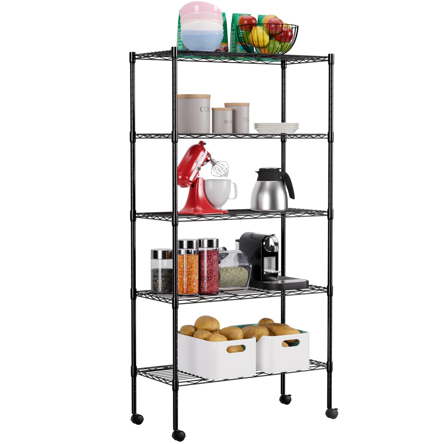 FDW Adjustable Storage Shelves 5-Tier Wire Shelving Unit Heavy Duty Metal Shelves with Wheels 14”Dx30”Wx61”H Storage Shelf Rack for Home Kitchen