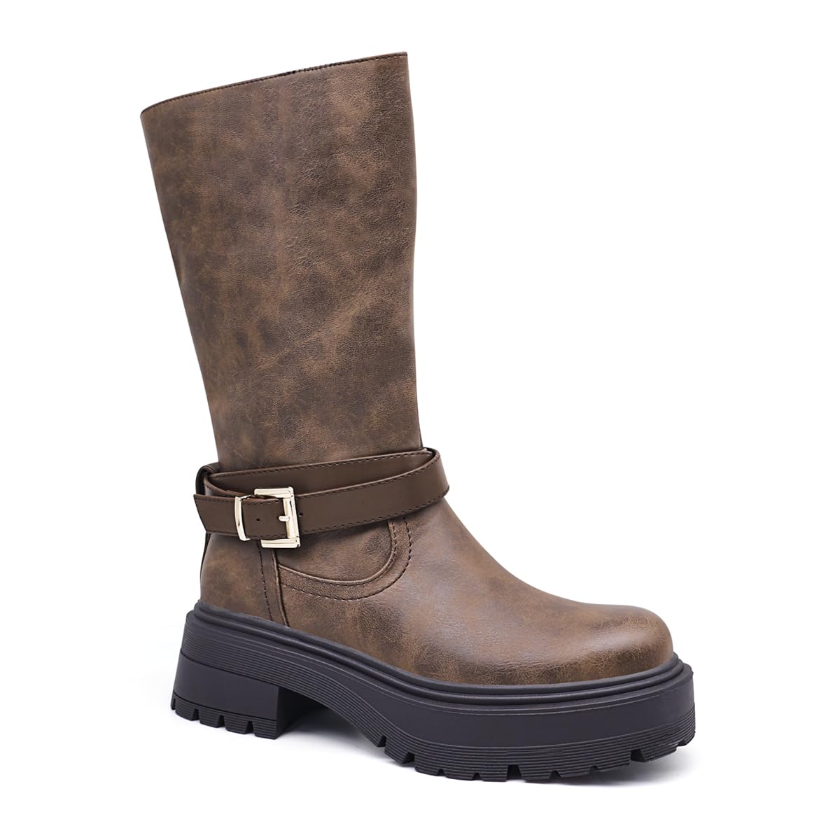 Womens Knee High Combat Boots Platform Chunky Heel Buckle Strap Design Black and Brown Side Zipper Closure
