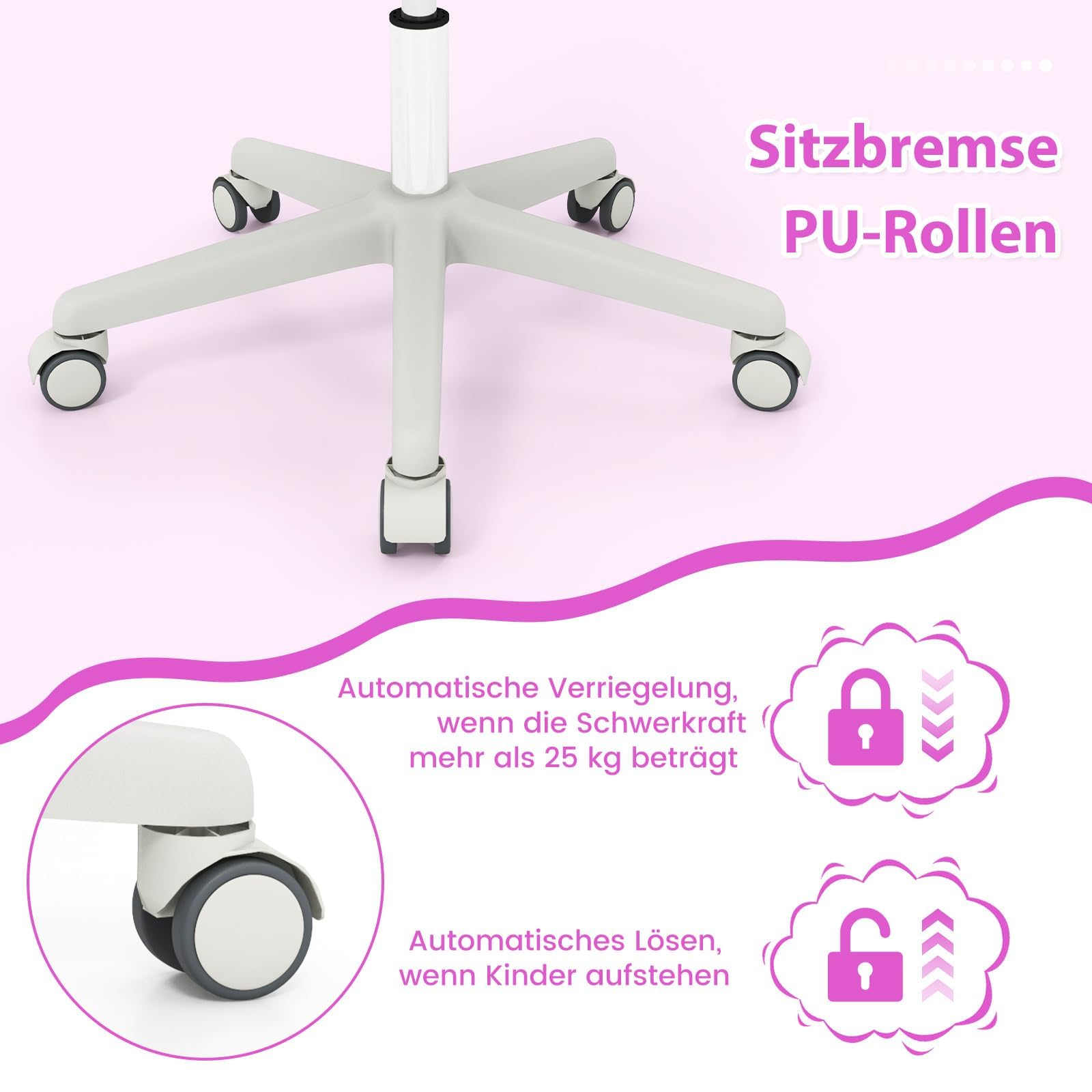 COSTWAY Kinder Schreibtischstuhl 360° drehbar, Sitzhöhe 43-55cm höhenverstellbar, Kinderdrehstuhl ergonomisch mit Rollen, Bürostuhl mit Rückenlehnen & Armlehnen für Kinder ab 6 Jahren (Lila)