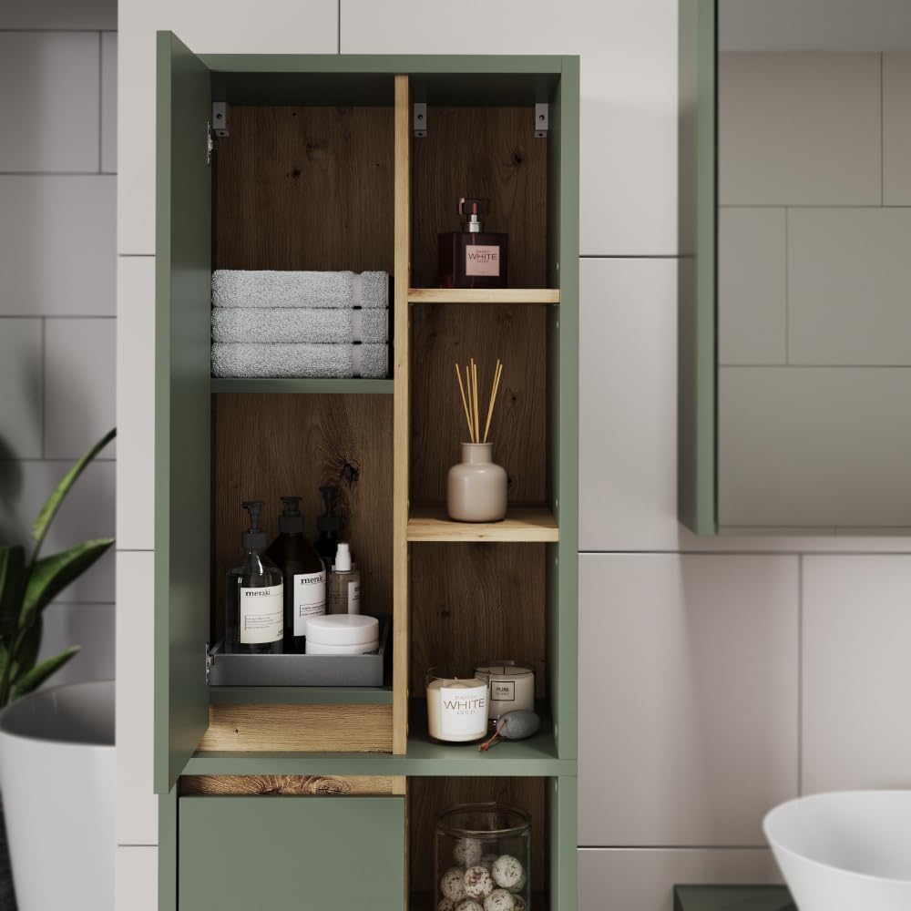 Vicco Conjunto de Muebles de Cuarto de baño Viola, Verde/Artesano, 100 cm | compuesto por mueble bajo lavabo, espejo con armario y columna de baño