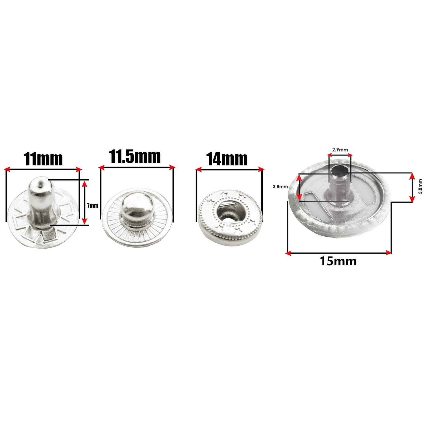 Trimming Shop Silver 15mm S Spring Press Studs 4 Part, Durable and Lightweight, Metal Snap Fasteners for Jackets, Jeans, Leather Craft, Straps and Sewing Projects, Clothes Repair 10pcs