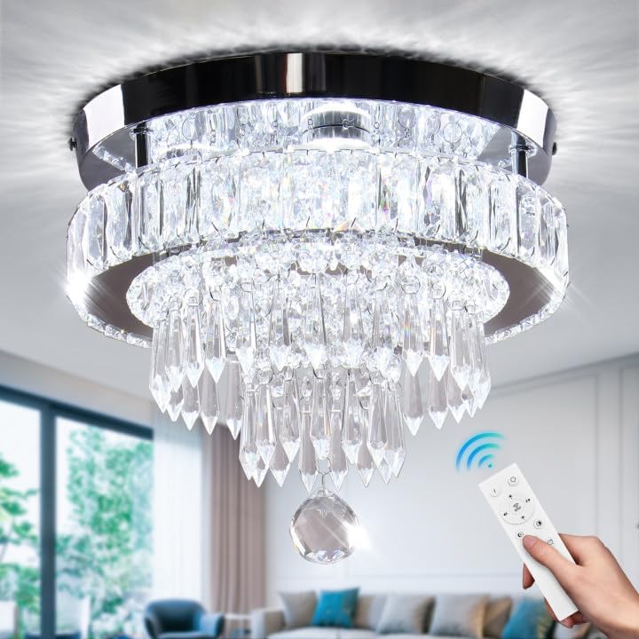 11.8" Dimmable Crystal Chandelier Crystal Ceiling Light Modern Chandeliers Flush Mount Ceiling Light Lamp Fixture for Dining Room Living Room Bedroom Hallway Remote Control