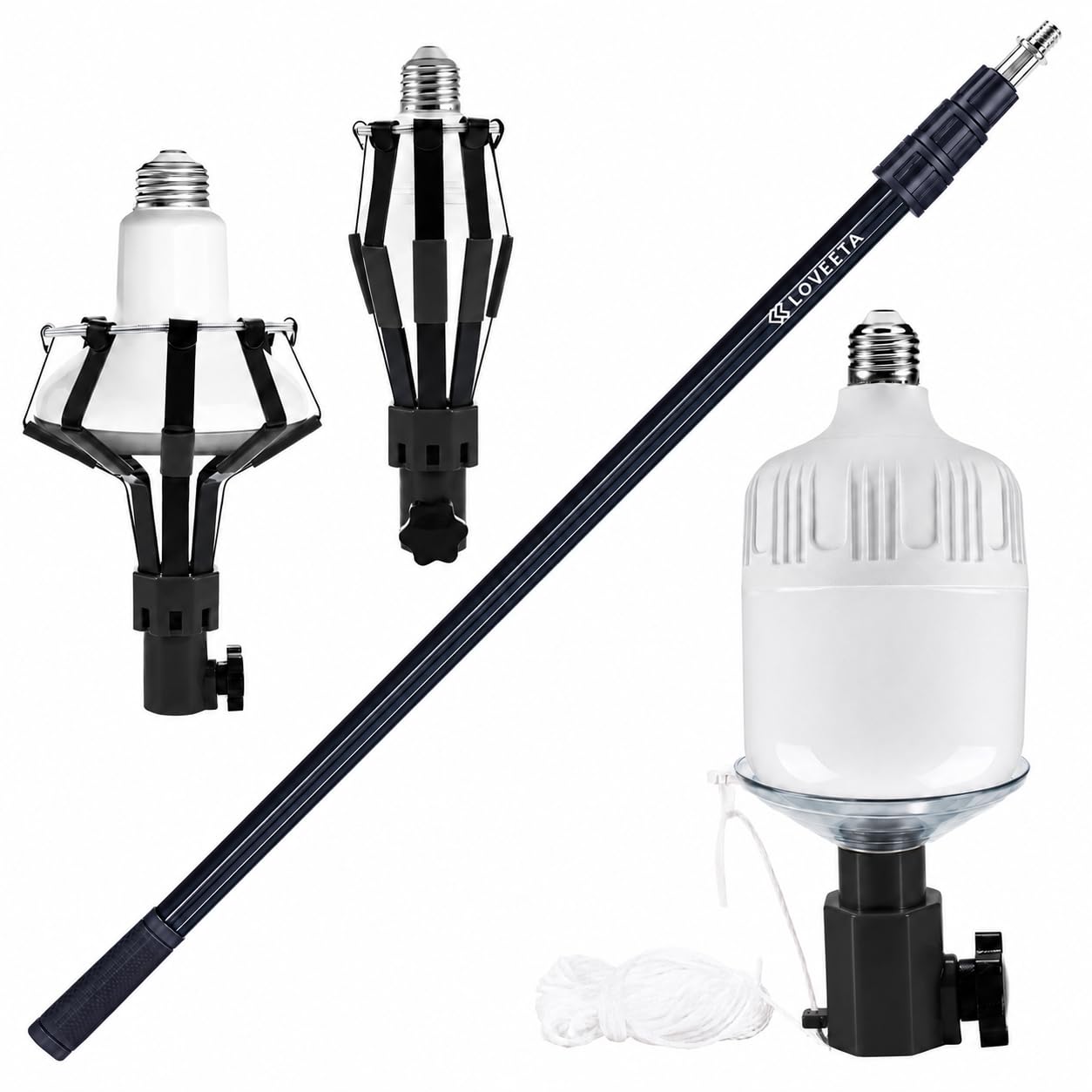 LOVEETA® Gen2 - Barra de cambio de bombilla extensible de 12 pies [alcance de 18 pies] para techos altos, cambiador telescópico de poste de bombilla con agarre de bombilla, luces de araña, color negro