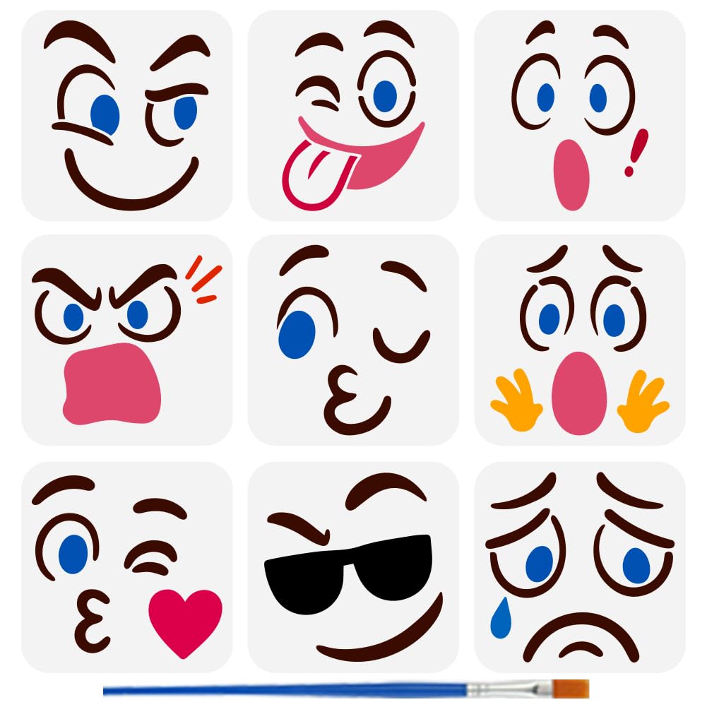 FINGERINSPIRE 9Styles Cartoon Expression Pattern Stencils with a Brush 15x15cm Cartoon Emoticon Painting Stencils Facial Expression Drawing Stencil PET Character Themes Template for Wall Decor