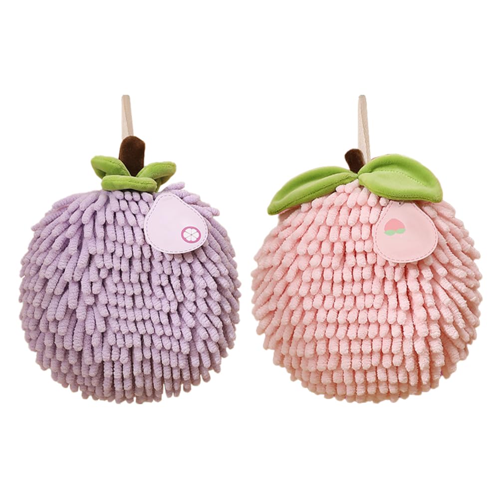 Dongker Purple + Pink Fuzzy Ball Hand Towel,2 Pcs Chenille Fluffy Microfiber Ball Towel With Hanging Loop Quick Dry For Bathroom Washstand Kitchen