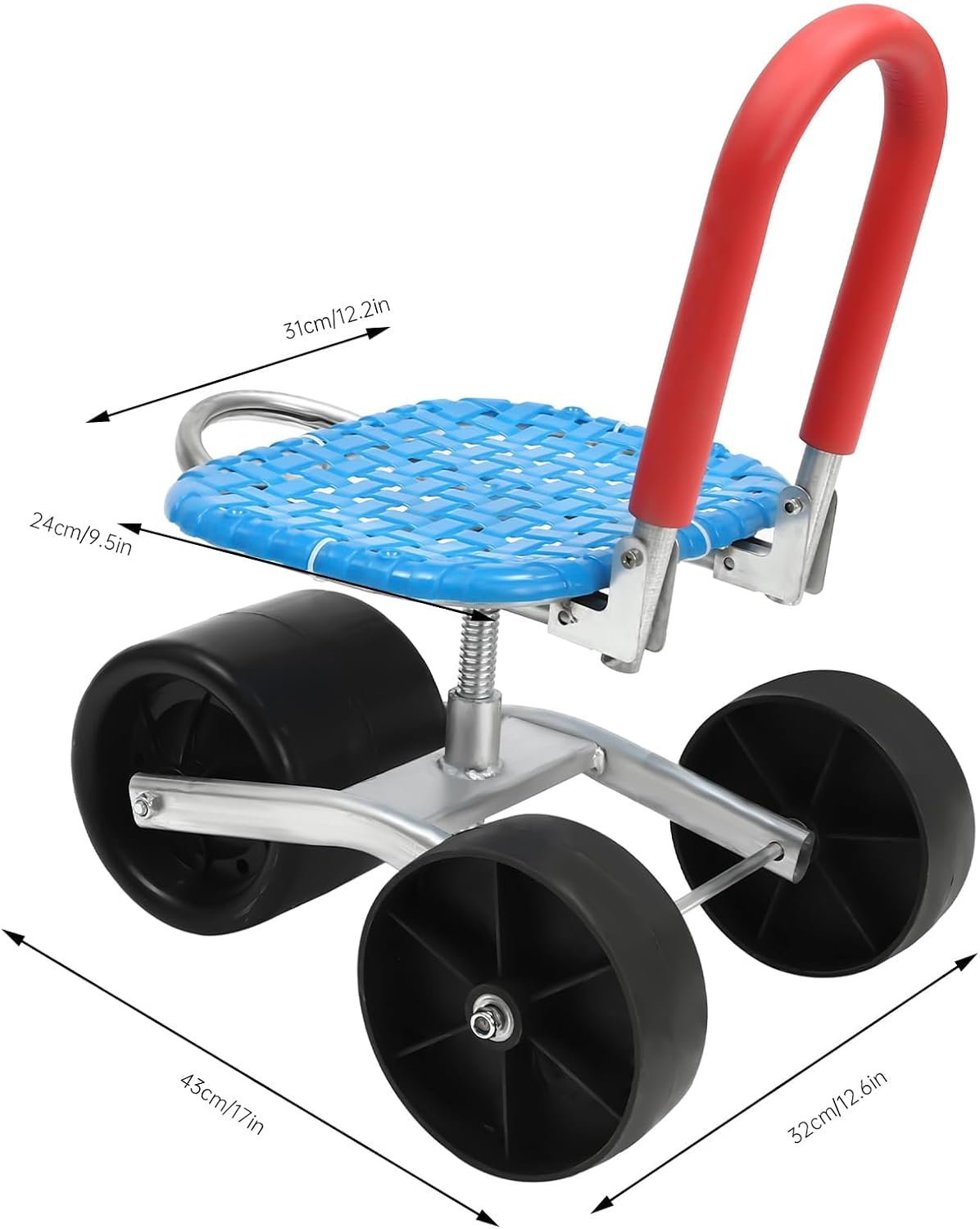 Rolling Garden Work Seat with Wheels, 360° Rotation and Adjustable Height 9.06-14.96 in Garden Stool on Wheels Heavy Duty 330 lbs Load Capacity for Patio Yard Orchard Farmland, 3 Wheels