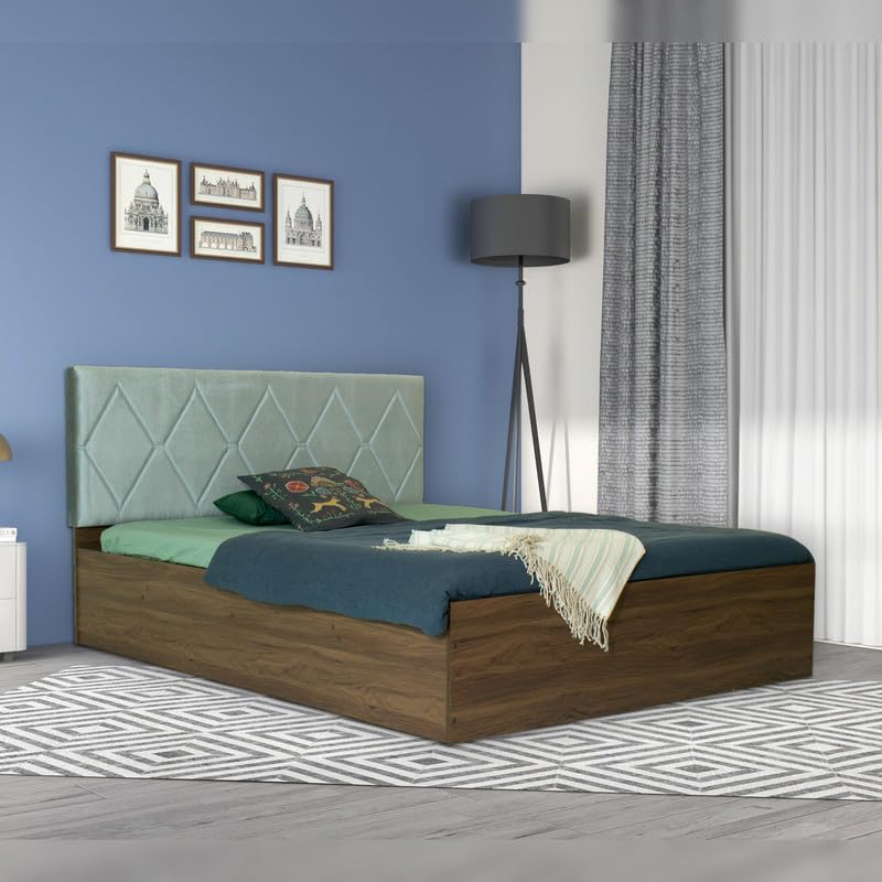 Image of Amazon Brand - Solimo Wood Bed|1 Year Warranty|Double Bed, Queen Size, Kundalini Premium Upholstery, Comfortable Seating Height Bed, Non-Woven Base & 3Mm Mdf, Walnut Colour (Melamine), Laminated