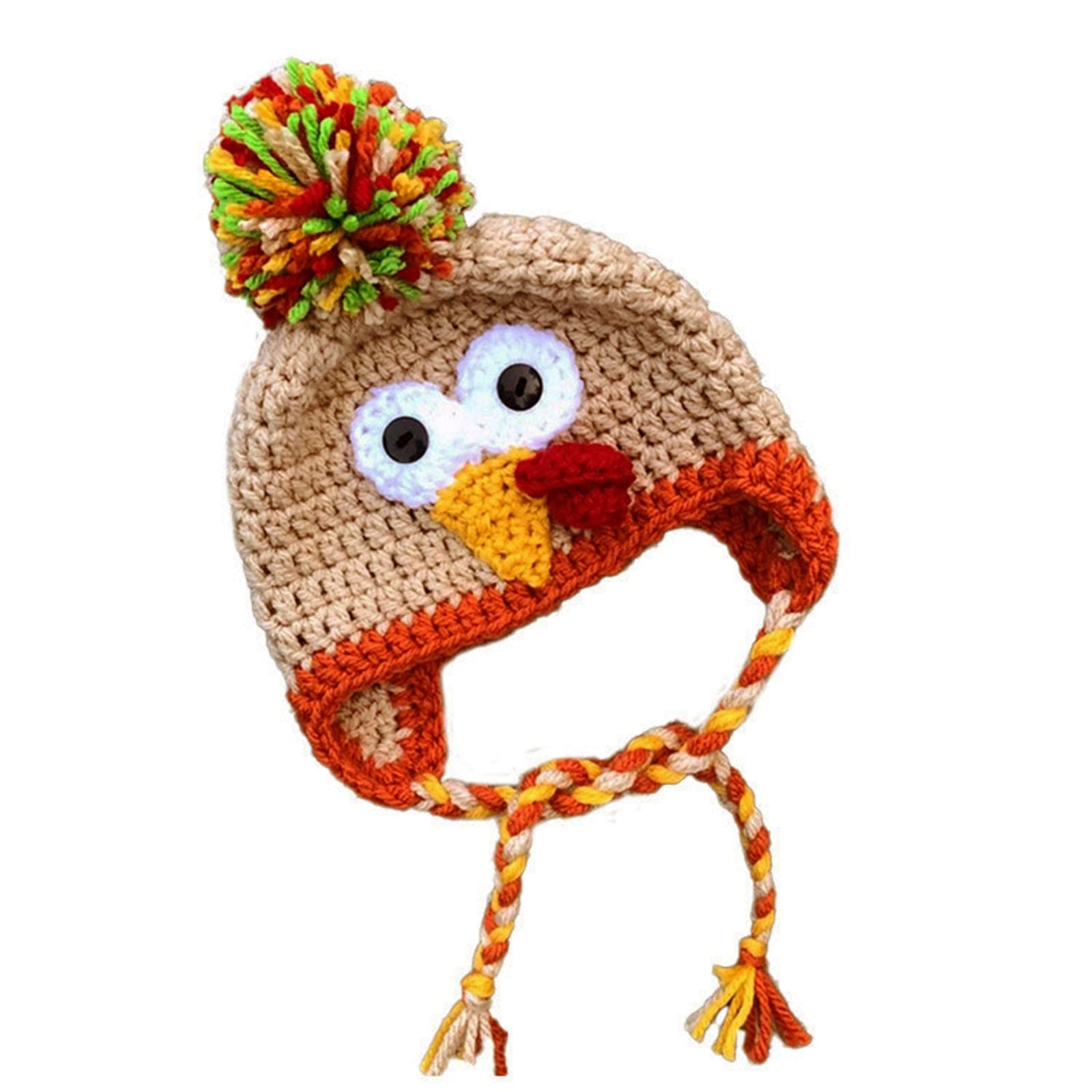 Thanksgiving Kids Baby Turkey Hat Bobbles Warm Knitted Earflap Beanie Winter Cap for Dress Up Cosplay Photo Props Khaki