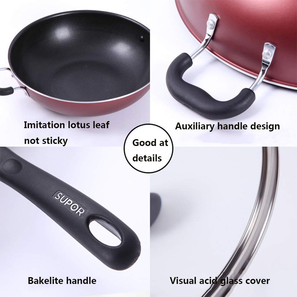 HMTE Wok, revêtement en céramique antiadhésif Wok, poêle multifonctionnelle en Aluminium à Fond Plat 4 en 1, cuisinière à gaz Naturel Facile à Nettoyer (30-34 cm), 32 cm (32 cm)